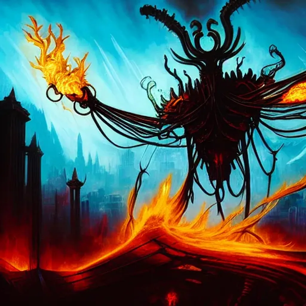 Prompt: Magic the gathering artwork of a Phyrexian mechanical lord rising above an ancient cityscape in flames, 4k hd