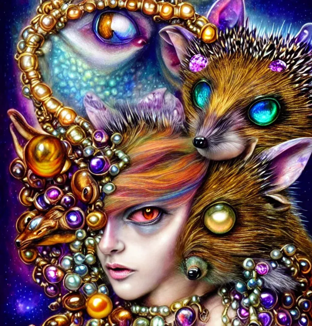 Prompt: Bejewelled aesthetic hedgehog shapeshifter ((humanoid) felinoid (goddess)), indigo cream mustard moss amber silver pearl (photorealistic eyes) iridescent jewellery, by Josephine Wall,  Ryohei Hase, Anna Liwanag, fursona, furaffinity, background theme alien planet with a (crystal moon) by Howard David Johnson, detailed illustration, acrylic on paper, intricate, elegant, ornate, hyper realistic, unreal engine 5 128K UHD Octane, pi, fractal fBm $text, watermark, copyright, frame, borders, clones, too many arms, too many fingers, long neck, thick neck$