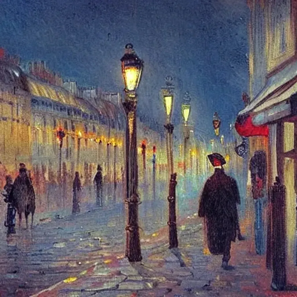 Prompt: paris, france
1800s
impressionist style
street lights
lanterns
people
wide angle lense
painting