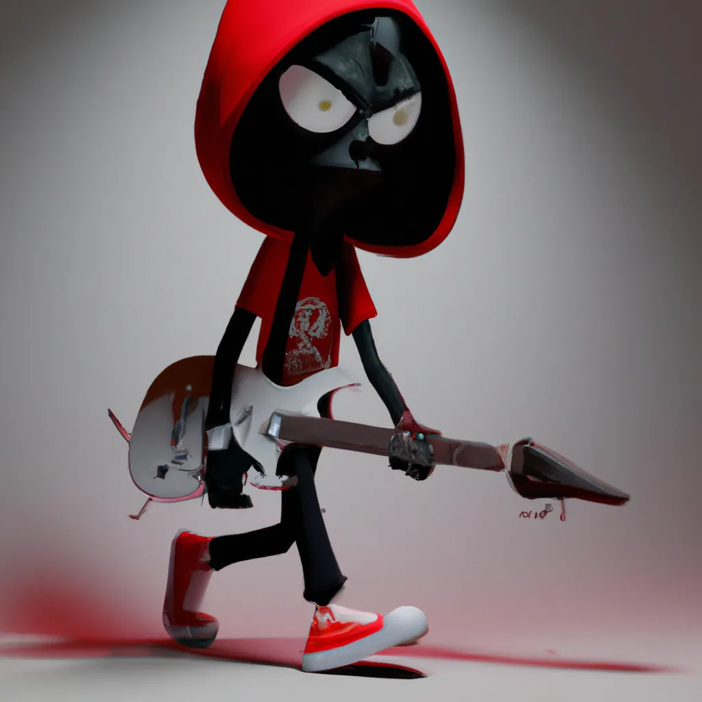 Prompt: cartoonish grim reaper wearing red converse sneakers and carrying an electric guitar, 3d render, cartoon style, high detail, cinema 4d