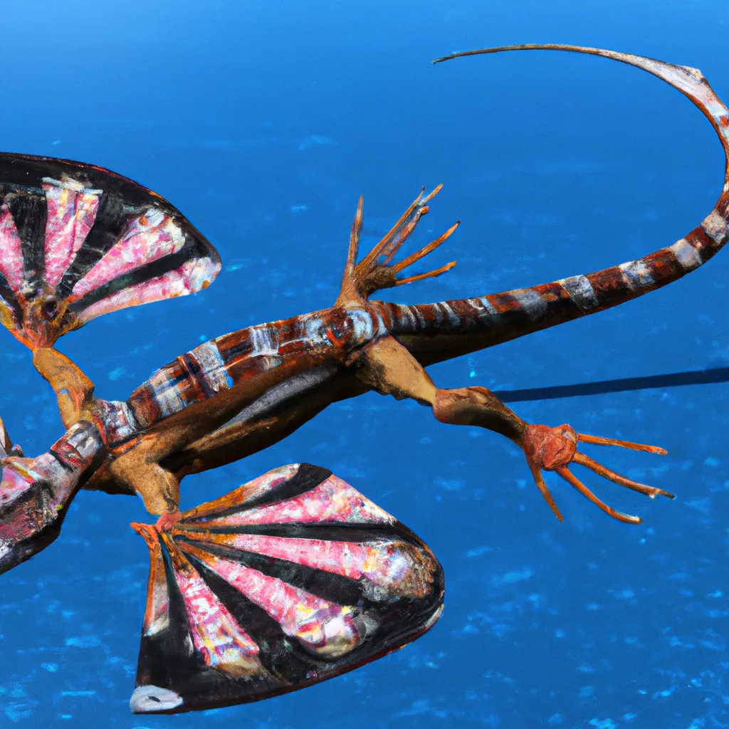 Prompt: gliding lizard-like skin, a chimera of Urvogel and Pteranodon, has wings like bats, salamander tail, underwater herbivores, lives both land and sea, habitat nearside sea tall forests, features developed for a swim. pre-historic, Full shot, Long shot, speculative evolution. Highly realistic accurate anatomical illustration, chimera bats, amazing colors and patterns on its skin, hyperrealistic
