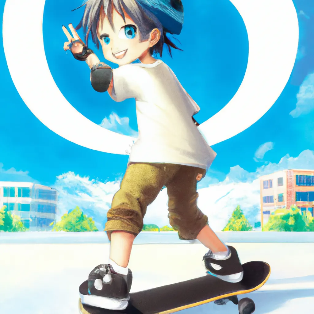 anime key visual of a little boy riding a skateboard