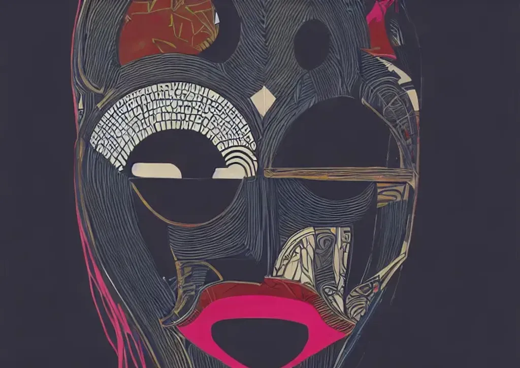 Prompt: painting of an african mask by Sachin Teng, asymmetrical, Organic Painting , Matte Painting, minimal shapes, hard edges, graffiti, street art,:2 by Sachin Teng:4