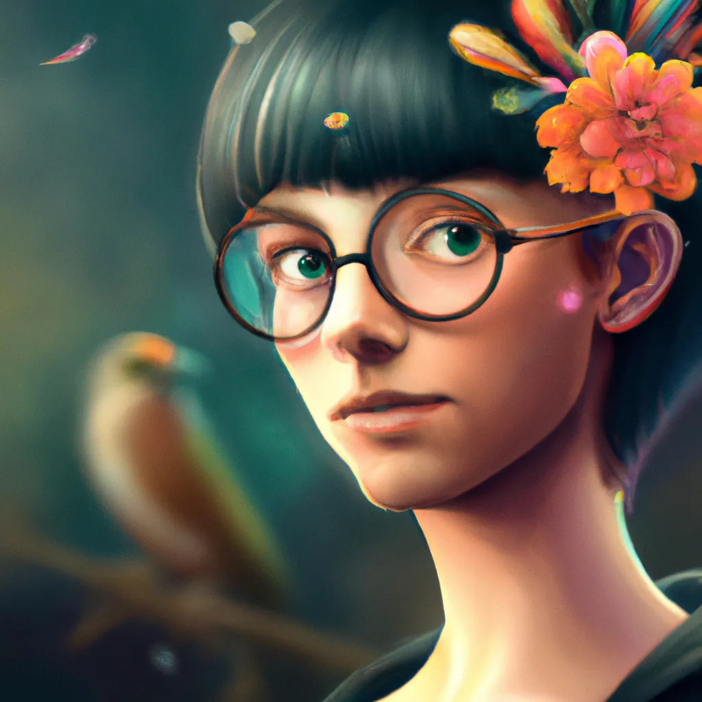 Prompt: portrait of a girl with green eyes, glasses and short black hair, long elegant dress made of colored flowers and a little crow on his head, intricate, elegant, highly detailed, digital painting, artstation, concept art, smooth, sharp focus, illustration