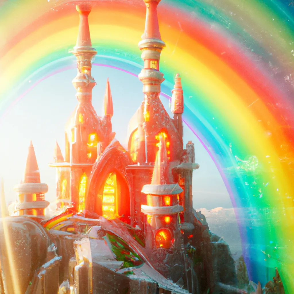 Prompt: an immense and splendid rainbow castle, full of rainbow luminiscent lights, on giant mountain, digital art, 32k, unreal engine, octane render