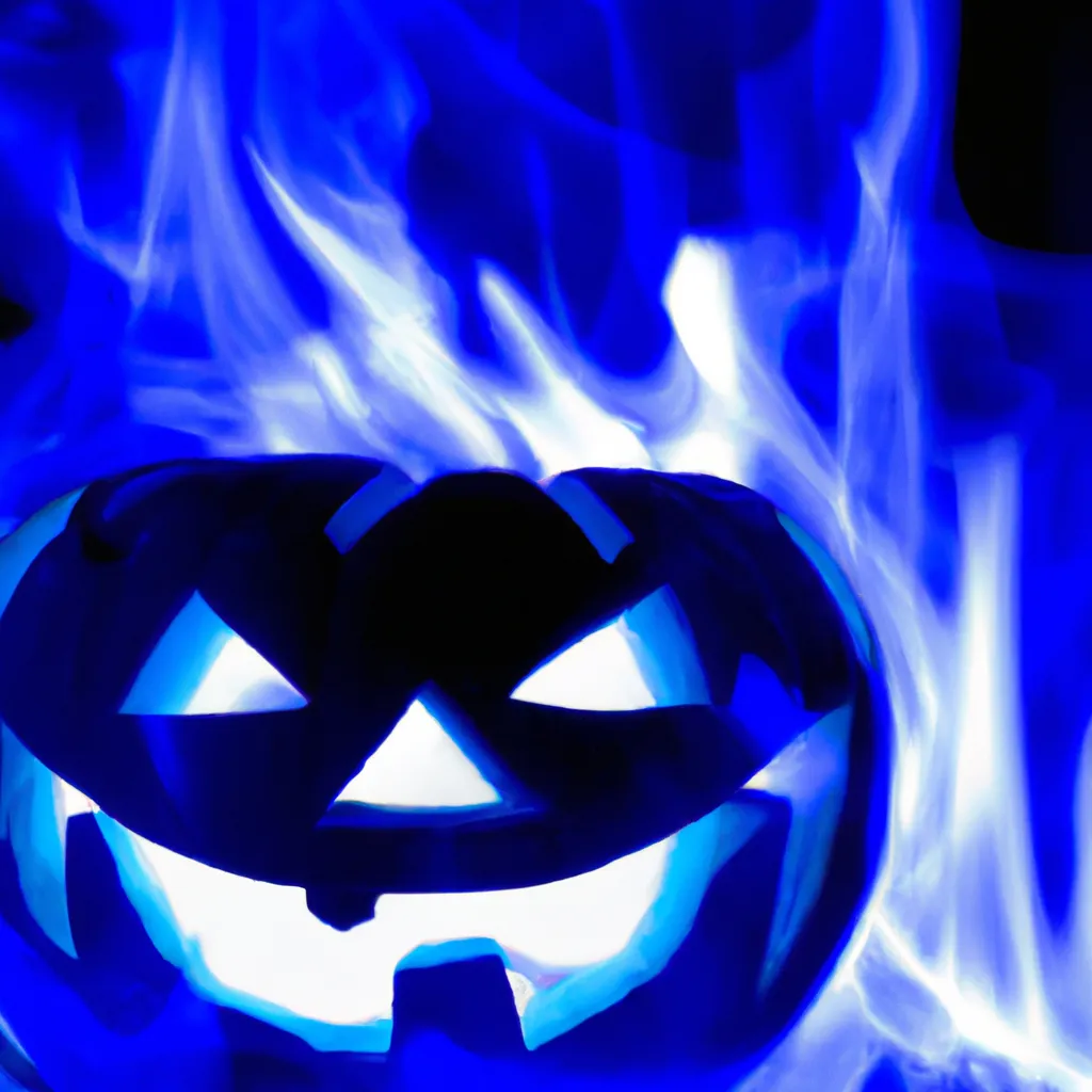 Prompt: A blue jack o lantern lit with blue fire, blue fire background