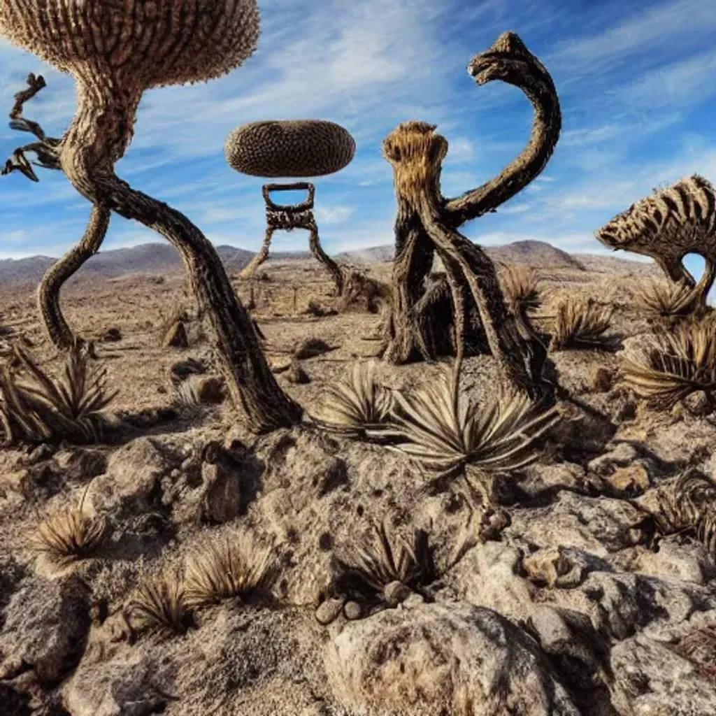 Prompt:  A camouflaged BURNING MAN, DESERT MOUNTAIN TRAIL, camouflaged critters, great big cats, HIDDEN HUMANS AND FACES EVERYWHERE, HIDDEN WORDS IN THE ROCKS, IN THE STYLE OF TIM BURTON, 1080P, VERY DETAILED, BY TIM BURTON. 