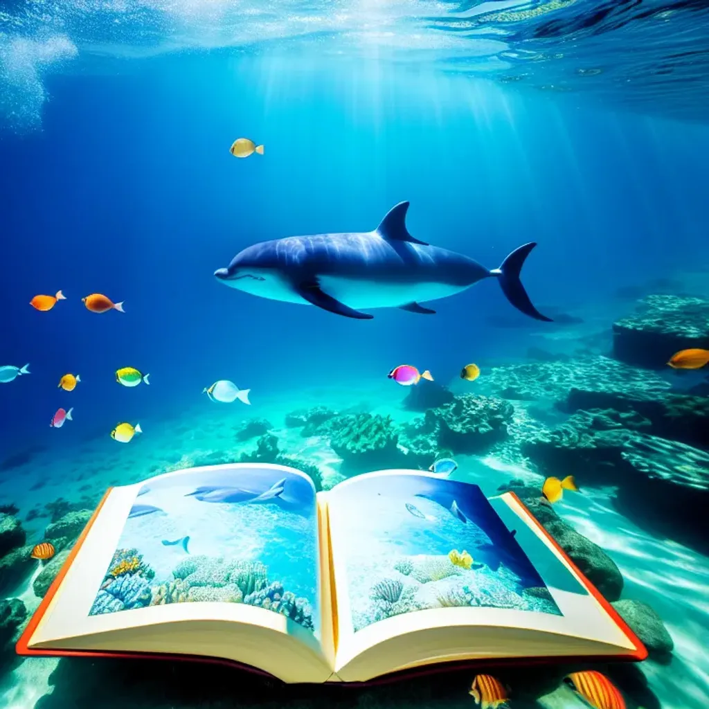 Prompt: underwater scene of a girl floating, with a glowing book in front of her, bubbles, whales and dolphins, maximalist highly detailed and intricate professional photography, a masterpiece, 8k resolution, deep color, fantastical, intricate detail, splash screen, complementary colors, Unreal Engine 5