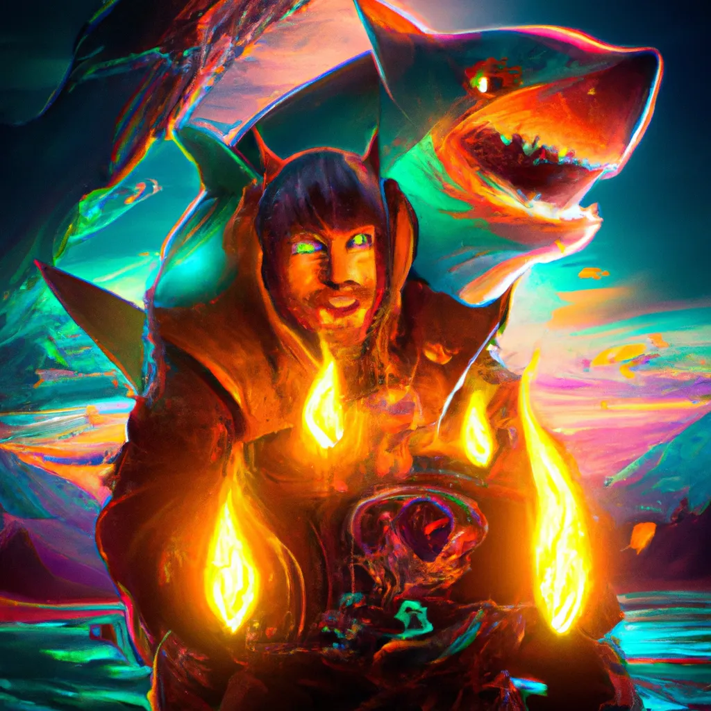Prompt: Cool Anime character, a cute bear with green eyes wearing a hoodie and riding a megalodon shark, Halloween theme, Synthwave, wrapped around with fire, a character portrait by Andrei Kolkoutine, Artstation, sots art, 2d game art, quantum wavetracing, dark and mysterious By Laurie Lipton, Zdzislaw Beksinski