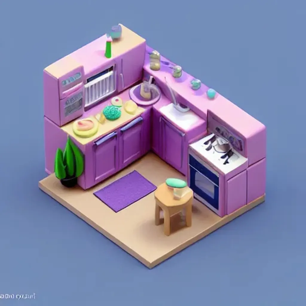 Prompt: Tiny cute isometric kitchen in a cutaway box, soft smooth lighting, soft colors, purple and blue color scheme, soft colors, 100mm lens, 3d blender render