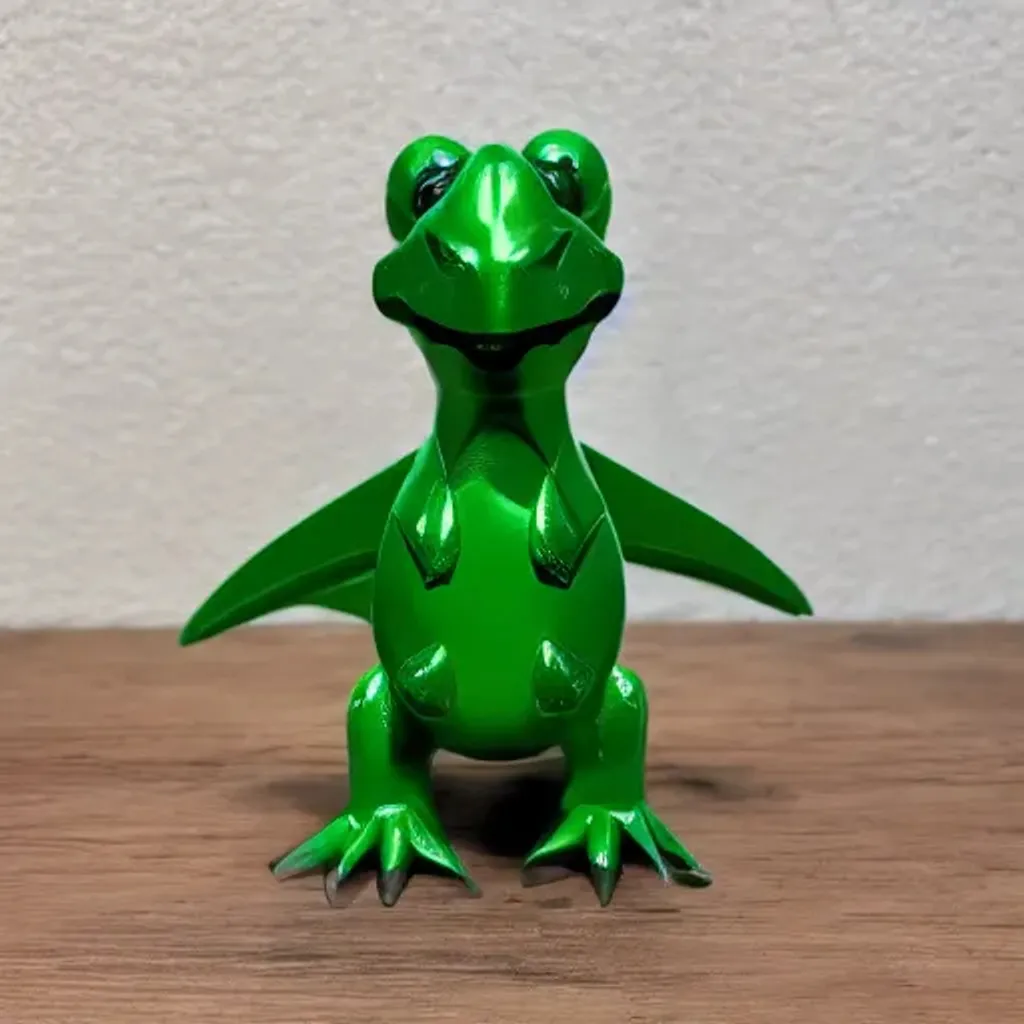 Prompt: monochromatic toy dinosaur in green. polished waxed sheen. shine. disc gleam 