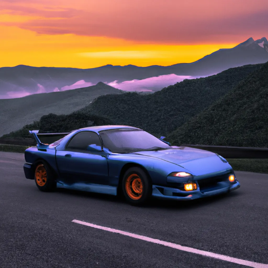 Prompt: a modified RX7 driving on the road. beautiful mountain range, early in the morning, cinematic, cirrus clouds, landscape photography. early purple sky. real photo