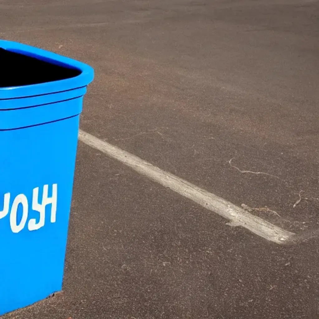 Prompt: Color splash, wide photo of a blue garbage can by the driveway in a suburban neighborhood, detailed, soft lighting 