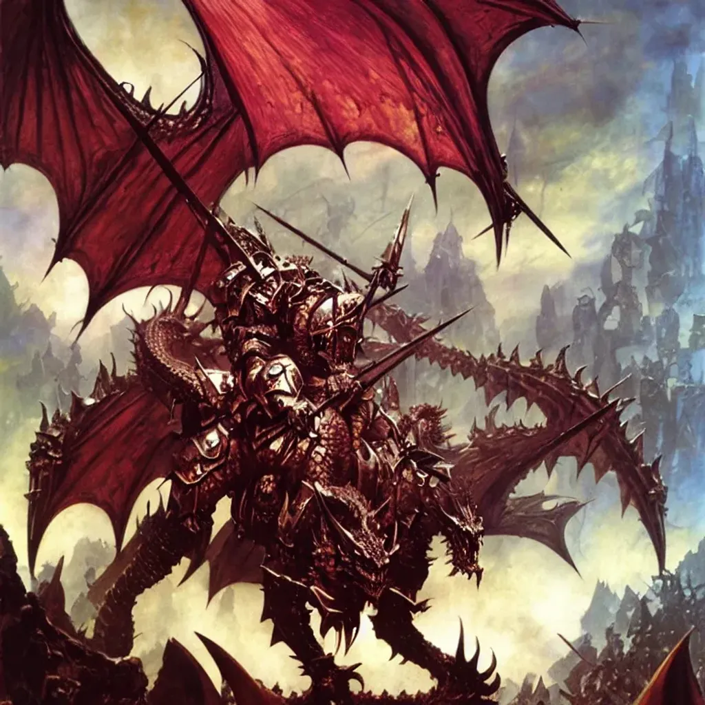 Prompt: Demonic Dragon Knight, heavy armed and armored, giant spears, war, Slaanesh, glory, lust, fantasy art by Frank Frazetta, by Marc Simonetti, highly detailed, oil on canvas