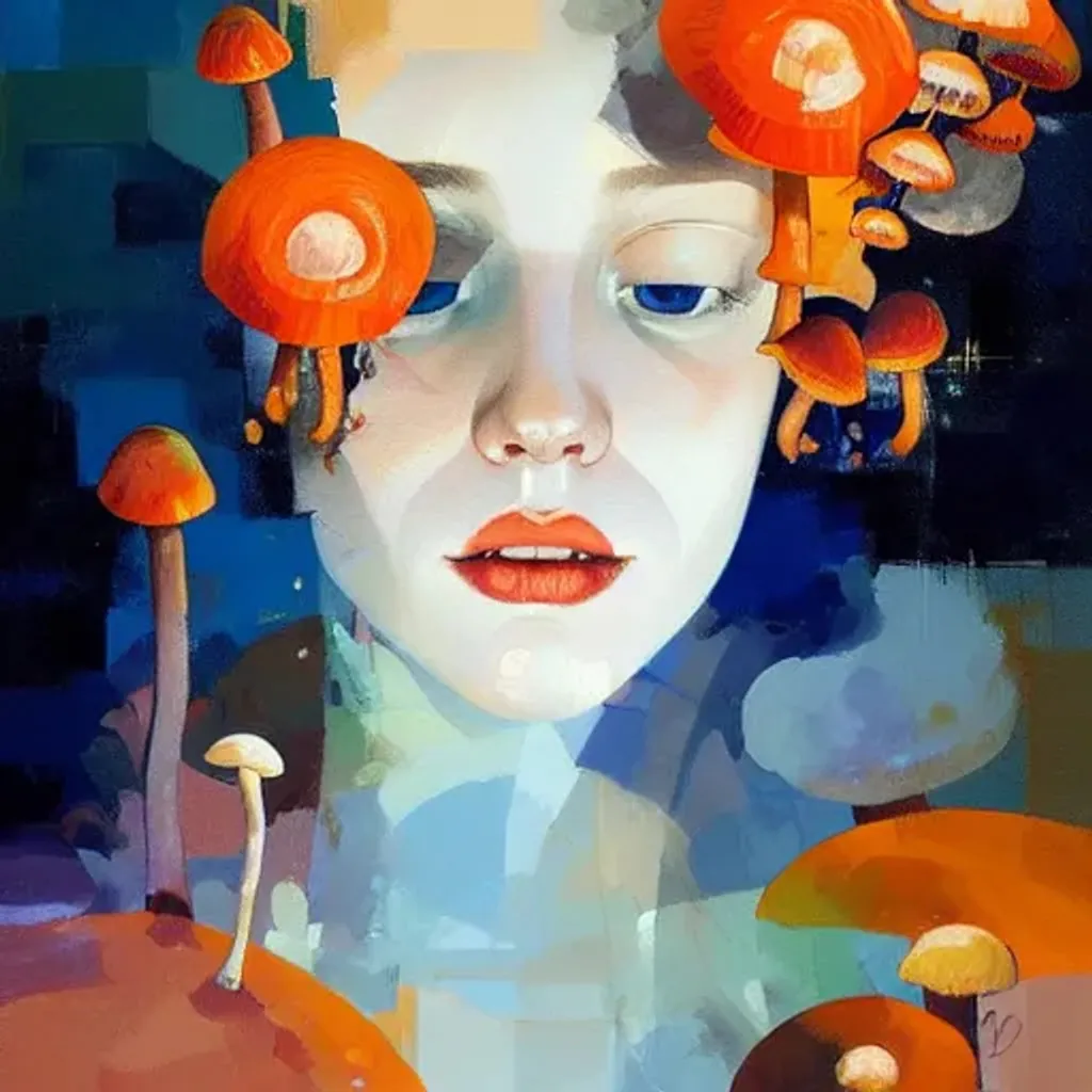 Prompt: Oil painting portrait by Ryan Hewett, Beautiful woman with mushrooms growing out of her hair, orange hair, orange lips, mushrooms, victo ngai, hq, fungi, celestial, moon, galaxy, stars 