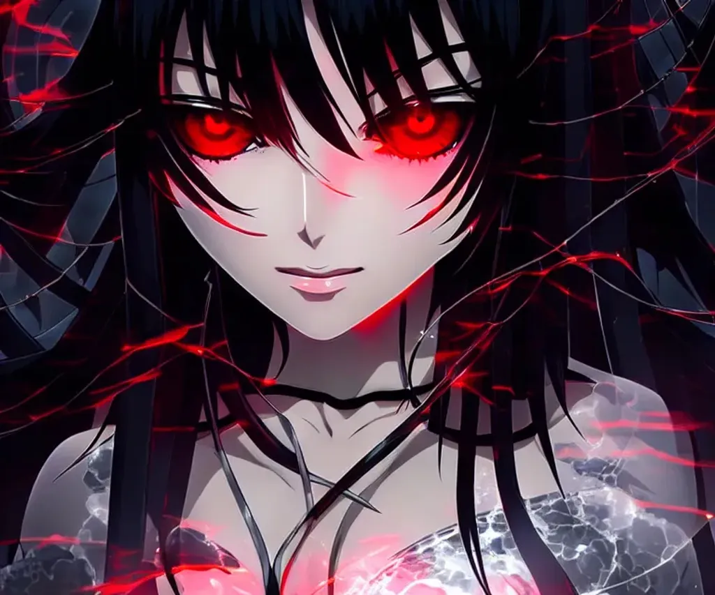 A Woman With Red Glowing Eyes And Black Hair Half B OpenArt