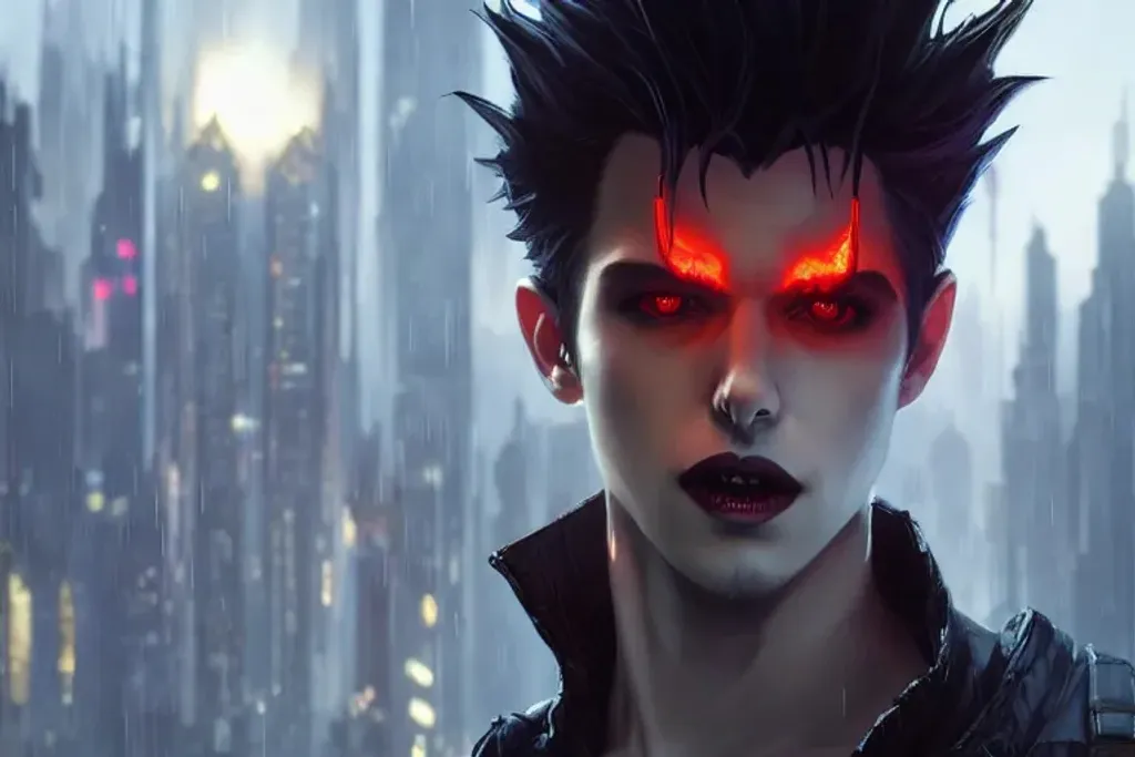 Prompt: vampire male haircut  photography,  cyberpunk horror neon epic, art by ,  Greg Rutkowski artgerm, in the style of ,  Tim burton Deviant art Ghibli,  fire, friendly,  HDR hyper realistic trending on artstation Unreal Engine ultra realistic 4k cinematic sharp