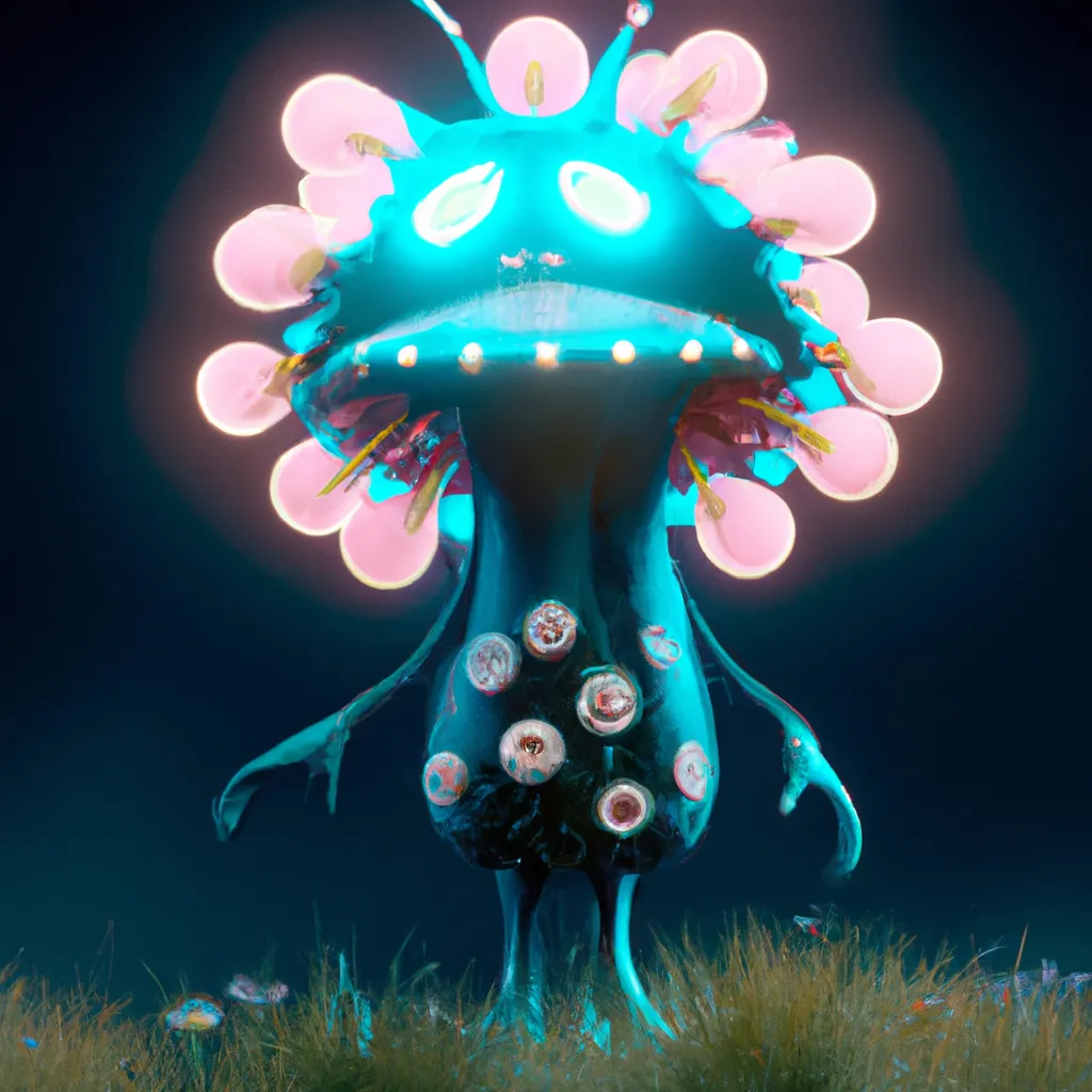 Prompt: Curvaceous Light bending cute monster alien covered in halogenic Nuclear flowers in the style of Bruce Pennington, Dali, Munch, Escher, Klarwein, Yamamoto, Hattori, Leyendecker, Mullins, Magritte | mushroom | muted desaturated tones | dark background | ultra sharp focus | 3d octane render artstation trending 8k unreal engine | Avatar movie| Disney Pixar Dreamworks 