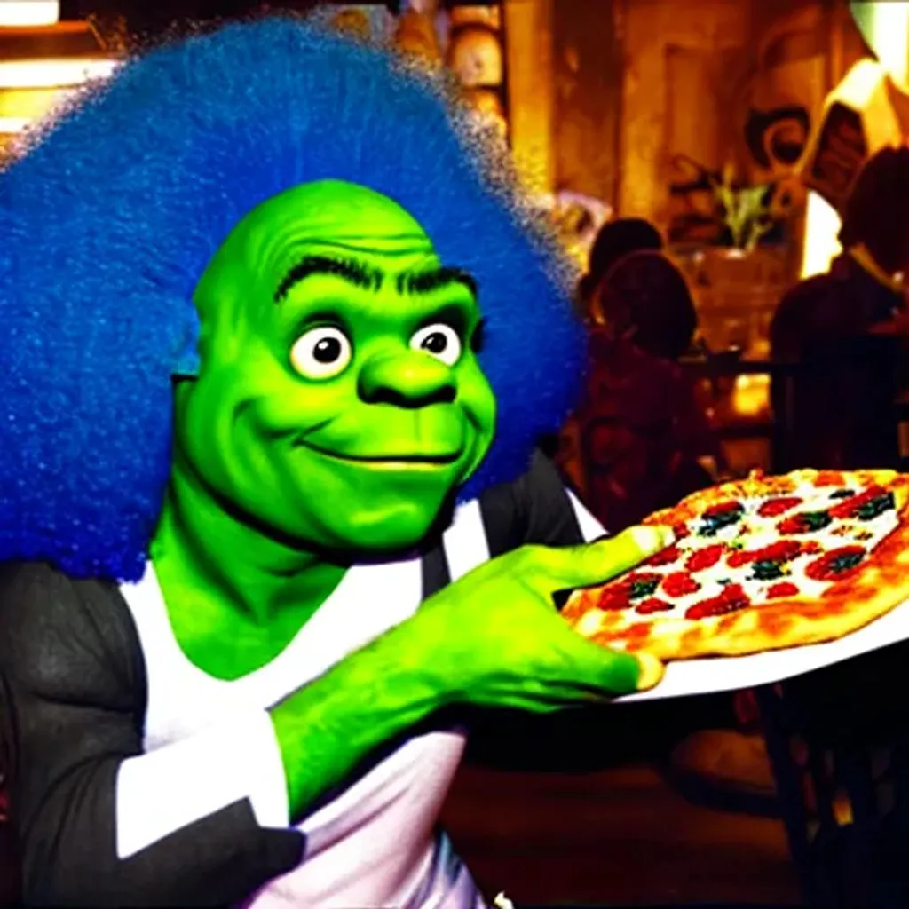 Prompt: Shrek eating a pizza, blue Afro,