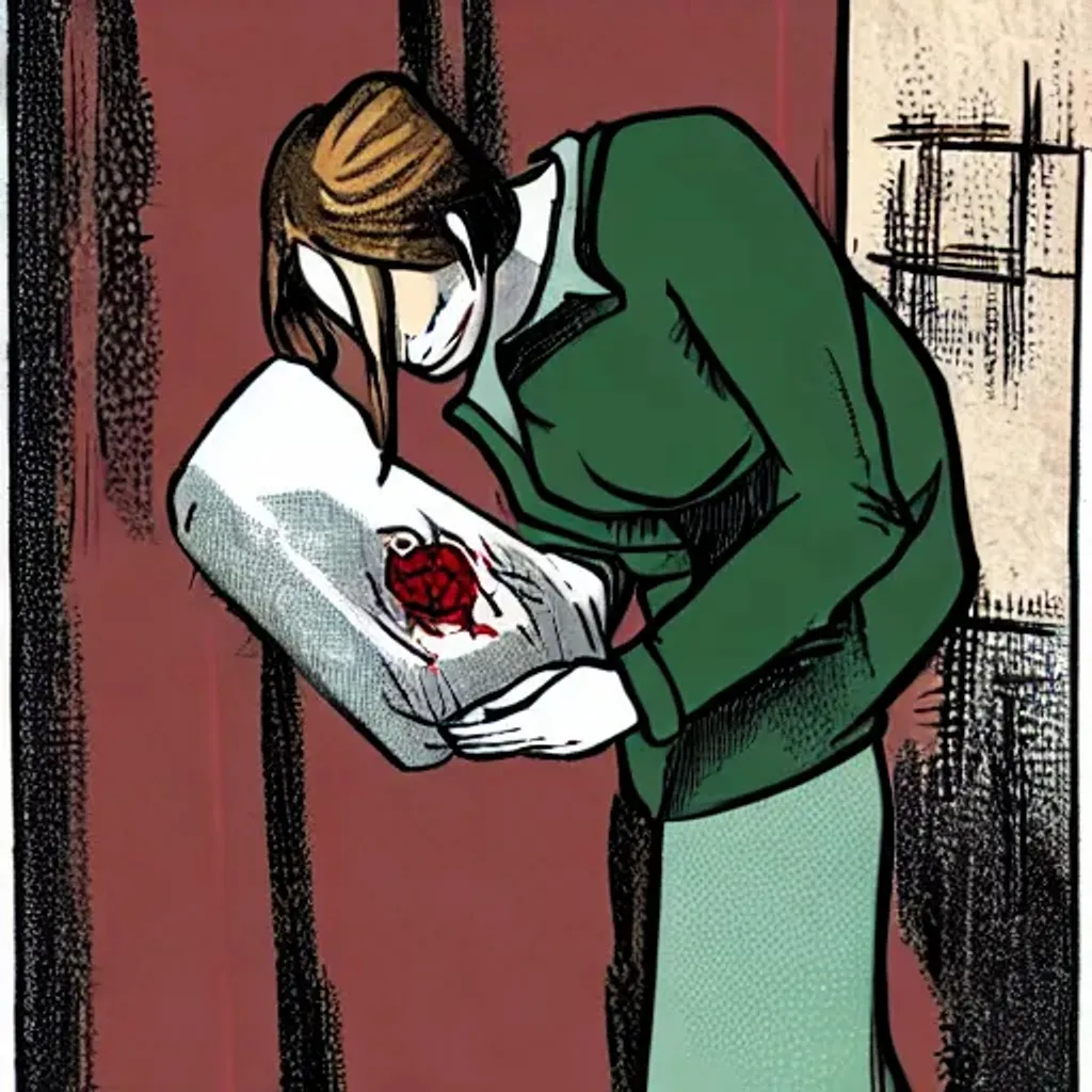 Prompt: Lady hides a blood-covered dagger in the pocket of a sleeping guard. in a comic style