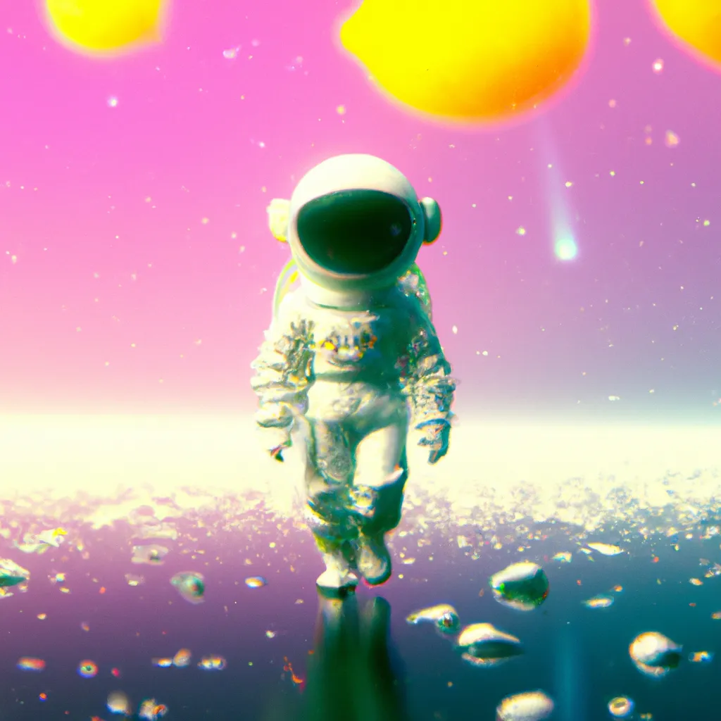 Prompt: A 3D render of astronaut lemon walking gently to camera with background of infinity universe, digital art, synth wave