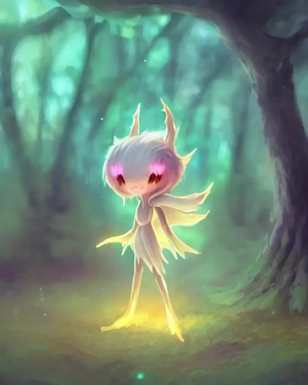 Prompt: concept character art for a cute fantasy creature made from mushrooms, large adorable anime eyes, centered, fantasy mushroom forest background, bokeh effect, magical lighting, golden hour, lens flare, pastel pink glow, beautiful glowing lights, bio-luminescence, epic fantasy, fine art, clean, polished, trending on artstation, brush strokes, smooth, sharp focus,