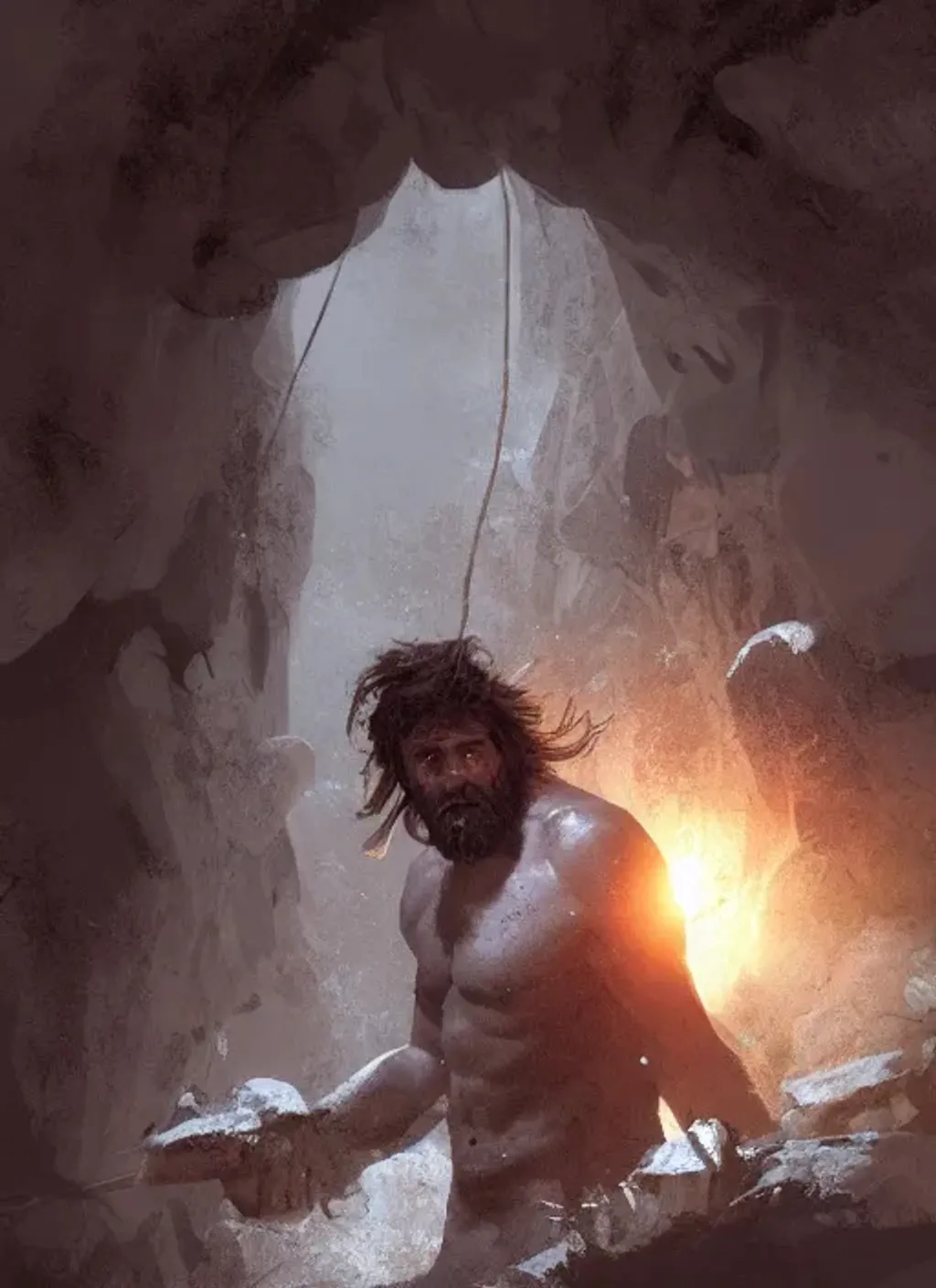 Prompt: A caveman coming out of a cave, digital painting by Greg Rutkowski