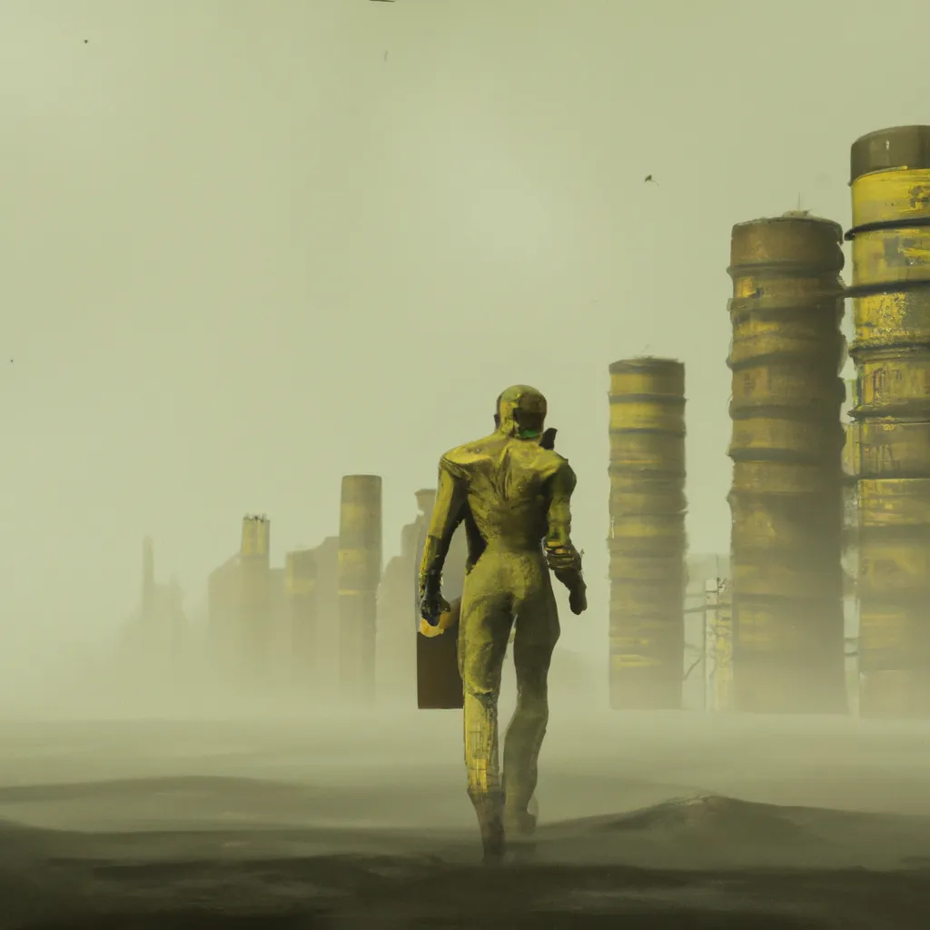 Prompt: Cinematic movie still of a man wearing a gasmask and a yellow leather hazmat suit walking the ethereal plane of a Dystopian Wasteland with the town infront of him sinking in a crater filled with lime green ooze, erie, foggy, scary, nuclear fallout,4K, octane render,award winning,