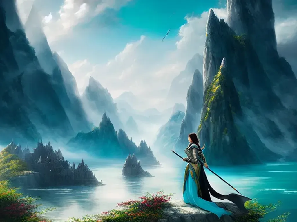 Prompt: Woman in armour saddled the Dragon black and aqua distant mountain castle painting by WLOP