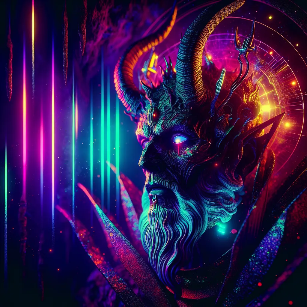 Prompt: Beautiful demonic figure in a gothic vaporwave setting, neon lights casting a dramatic glow, retro aesthetic, high definition, dramatic lighting, demonic, high quality, liminal, vivid colors, detailed features, atmospheric, haunting vibe, surreal, retro-futuristic, intense gaze, otherworldly, dark and unsettling, eerie