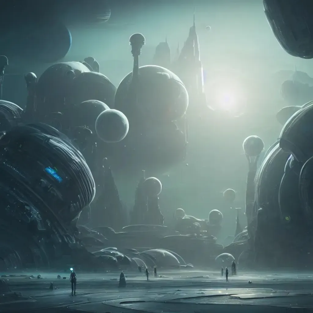 Prompt: concept matte painting of alien civilisation in outer space, robots walking around, intricate metal spaceships, futuristic city planet, digital painting, highly detailed, metal planets, nebulae