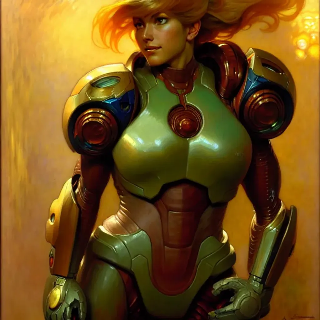 Prompt:  Portrait of Samus Aran from metroid, painting by gaston bussiere, craig mullins, greg rutkowski, alphonse mucha