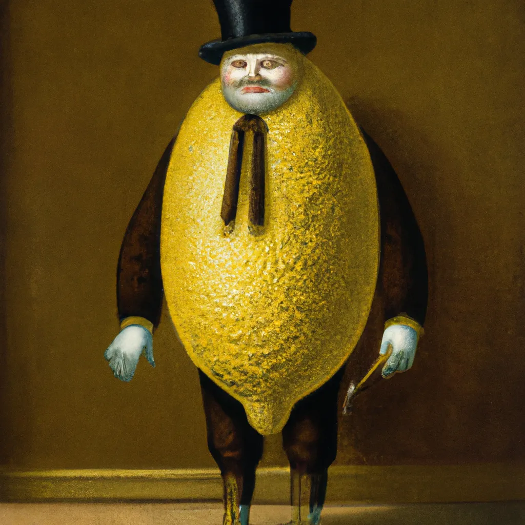 Prompt: A portrait of an anthropomorphic lemon wearing a fancy suit, full body, happy, hyperrealism oil painting by Jan van Eyck.