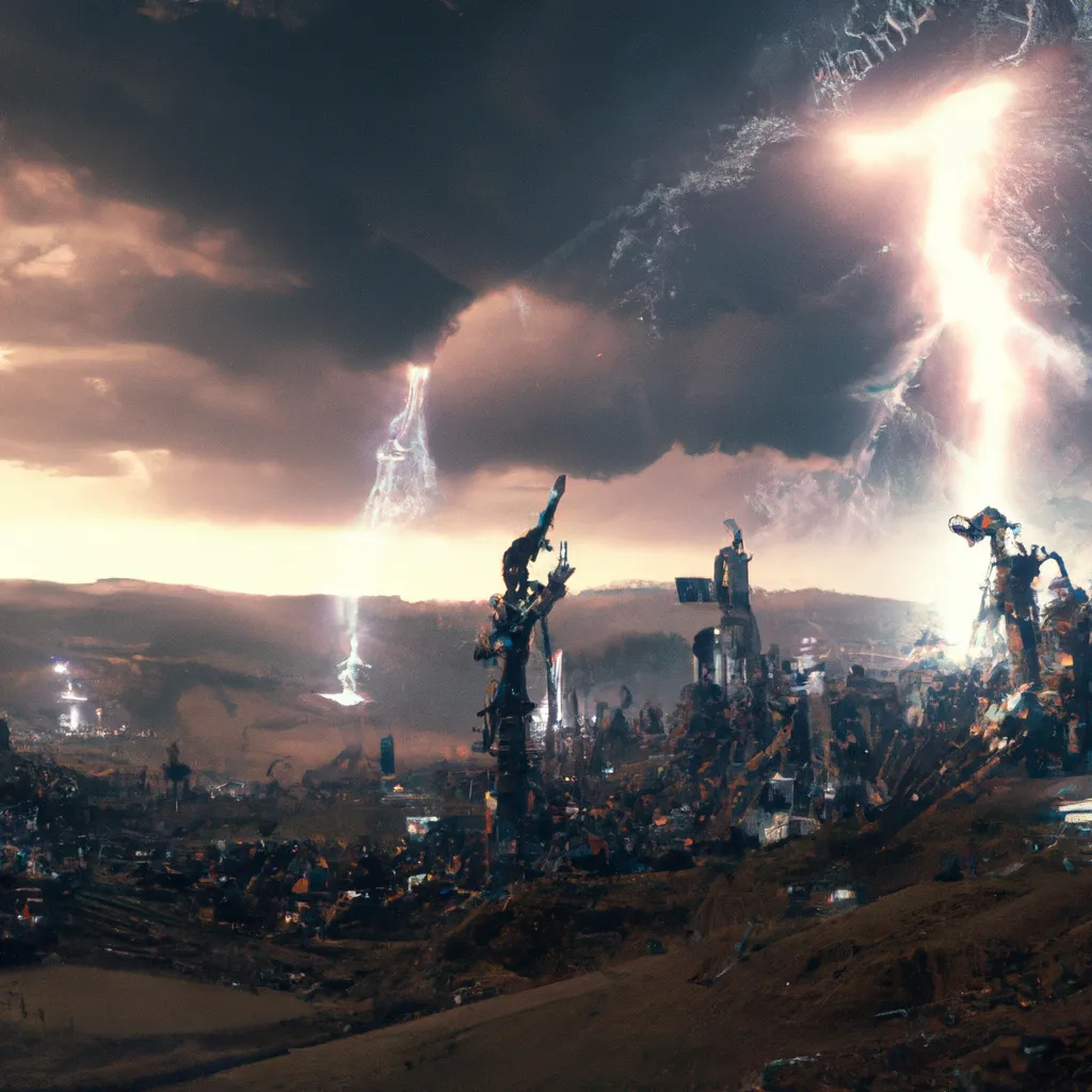 Prompt: Landscape of futuristic robot army and lightning striking with tornado in background by Daniel Ignacio on Artstation, trending on deviantart, extremely detailed, high contrast, ultra realistic, highly coherent, very detailed, masterpiece, cinematic, wallpaper, high resolution, near forest, unreal engine, octane render,32k