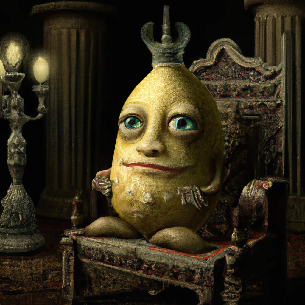 Prompt: A cute lemon character with  a beautiful crown holding a jug of lemonade in a medieval castle, perfect composition, beautiful detailed intricate insanely detailed octane render trending on artstation, 8 k artistic photography, photorealistic concept art, soft natural volumetric cinematic perfect light, chiaroscuro, award - winning photograph, masterpiece, oil on canvas, raphael, caravaggio, greg rutkowski, beeple, beksinski, giger