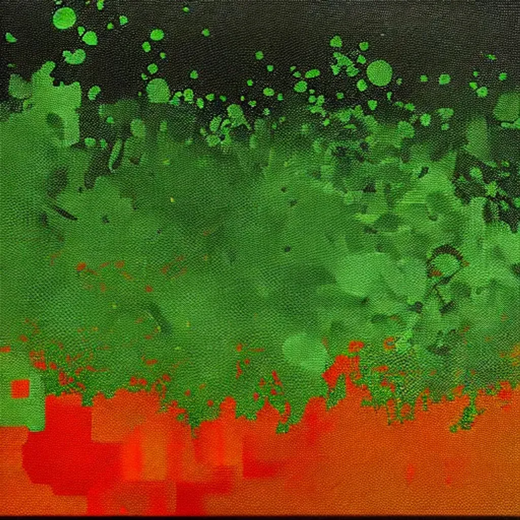 Prompt: orange splash painting, mixed green pixels. conflict of seitvolep