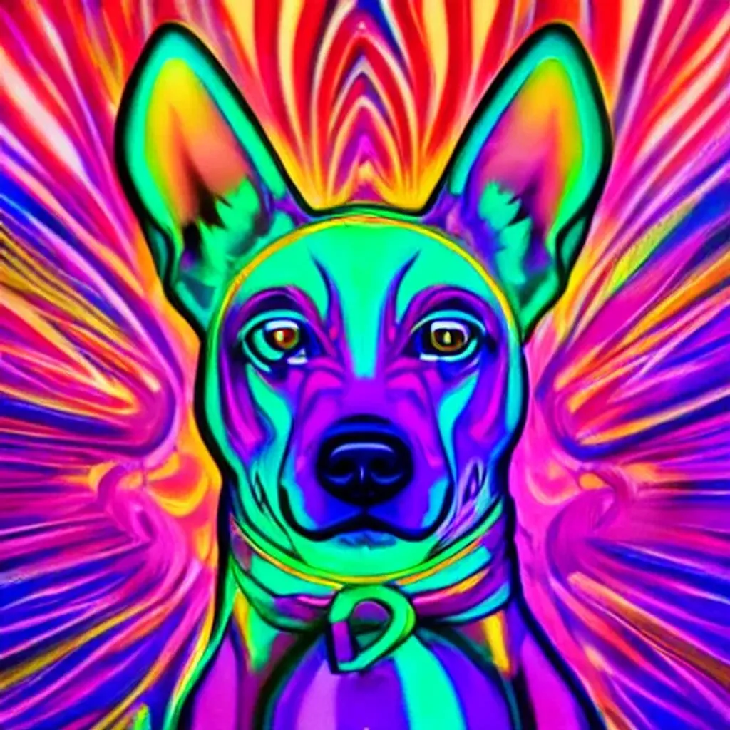 Prompt: Hypnotic illustration of a dog, standing character, hypnotic, psychedelic art, pop surrealism, dark glow neon paint, mystical, Behance, 4k, 8k, UHD, professional, studio lighting, unreal engine, 