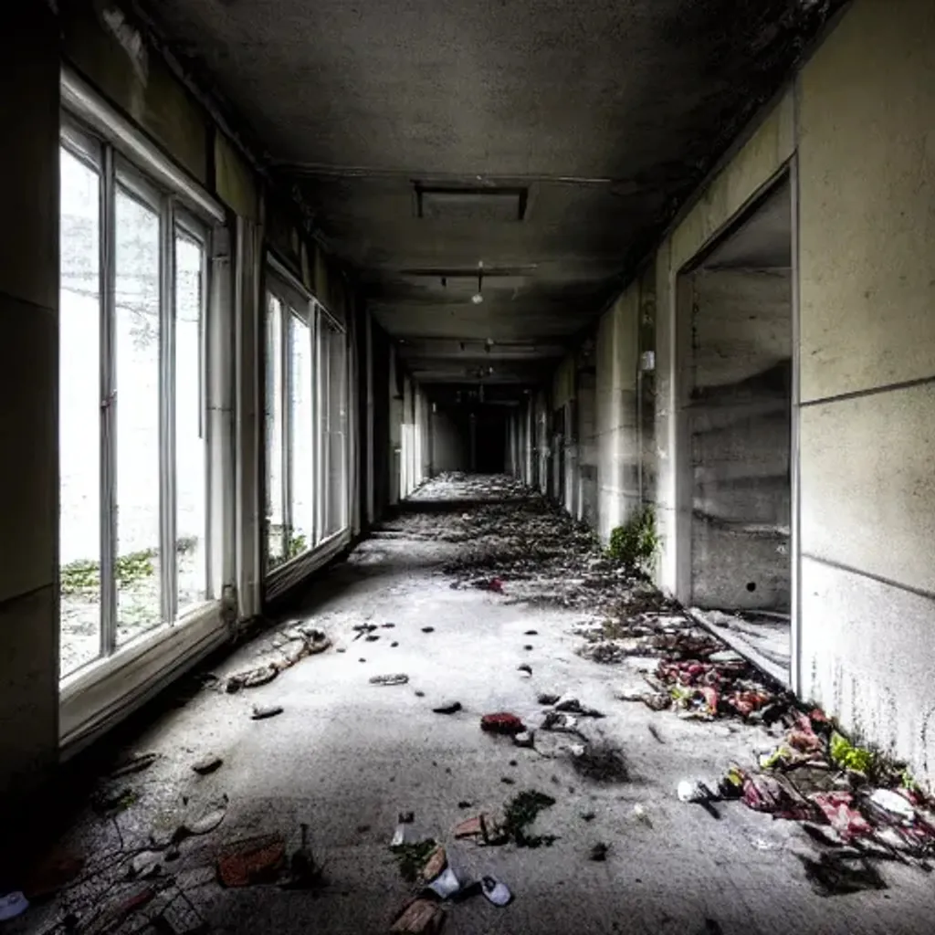 Prompt: abandoned concrete hallways, ground with garbage, covered windows and liminal space, dark