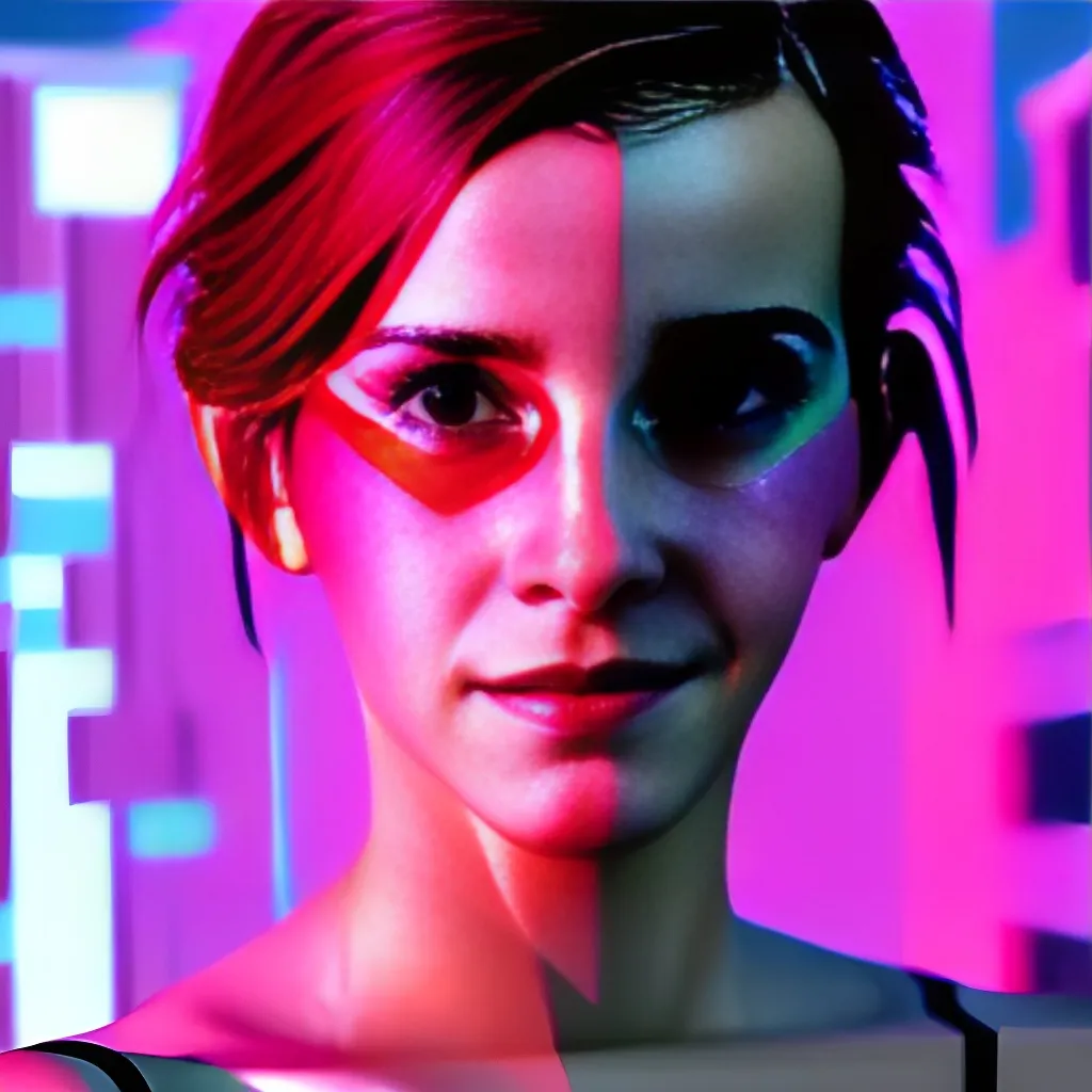 Prompt: full body photorealistic beautiful smiling Emma Watson wearing Short V-Neck Red Glitter Party Dress, cyberpunk 2077 color, ultradetailed face expression, heavy rainning at tokyo night, neon light rooftop unreal 5, DAZ, 8k, unreal 5 engine render, cosplay, RPG portrait, final fantasy Vll world concept, dramatic lighting, rim lights, PS5 render quality