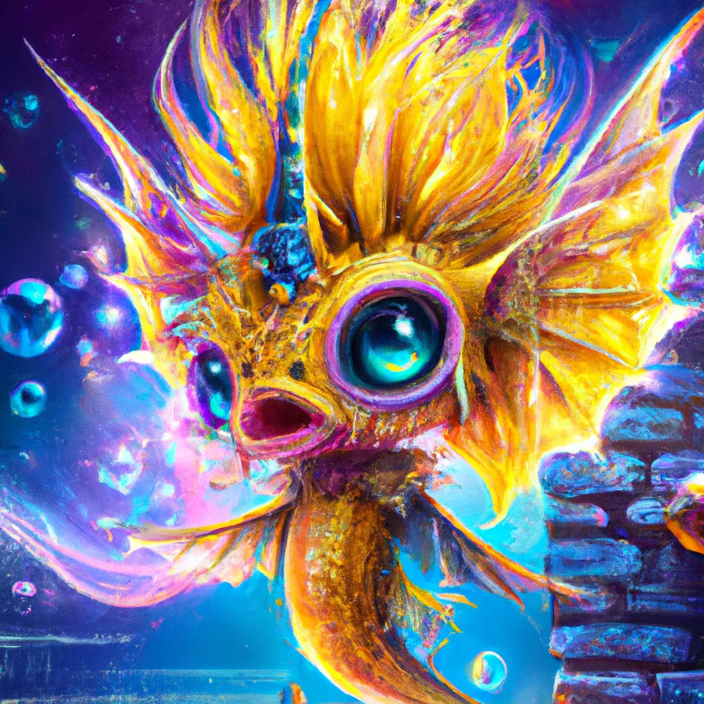 Prompt: Detailed intricate hyper realistic ultra realistic sharp clear digital airbrush by Anna Dittmann, Tom Bagshaw, Gil Elvgren. Poster of a tiny furry funky fairy fish monster with horns on a yellow brick row to the moon. Impressive surrealism art deco punk gothic sci-fi fantasy synthwave. Commercial photography from children's book. Trending. Masterpiece. Dramatic backlighting. Sunset.