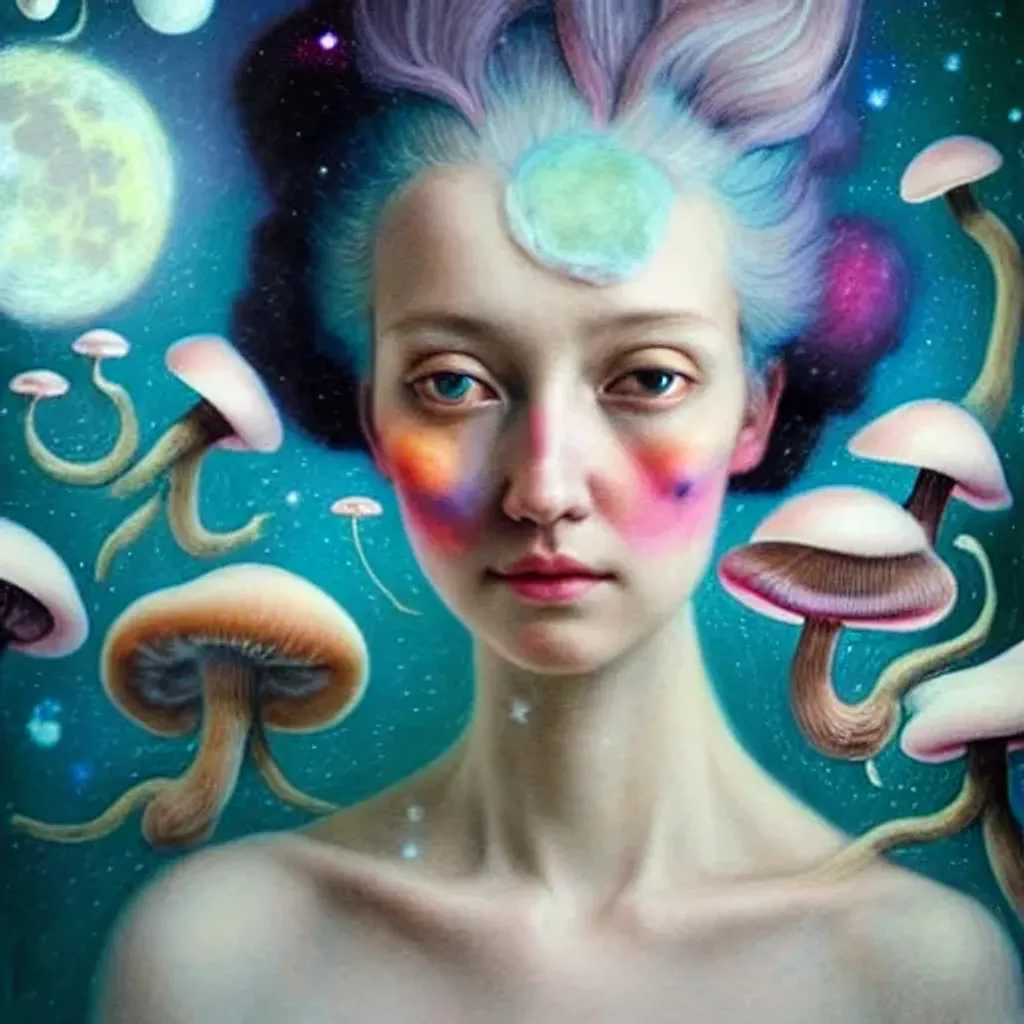 Prompt: Rococo pastel chalk portrait by Ryan Hewett, Beautiful woman with mushrooms growing out of her hair, victo ngai, hq, fungi, celestial, moon, galaxy, stars 