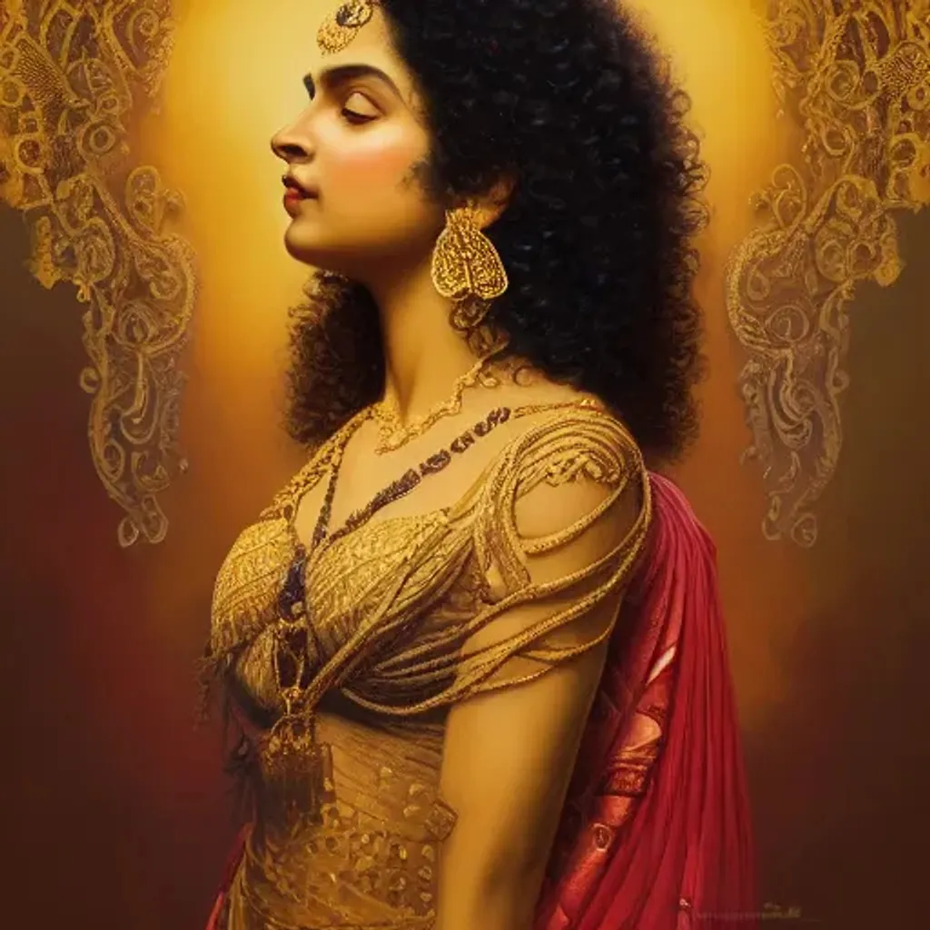 Prompt: Gorgeous curly haired romantic Indian woman, finely detailed, intricate design portrait, dramatic lighting, beautiful, hyperrealistic, garden background, artstation, by Raja Ravivarma, J.C.Leyendecker, Craig Mullins, 8k 100 steps 11 strength, hyperdetailed intricately detailed Splash art, triadic colors, Unreal Engine 5 volumetric lighting