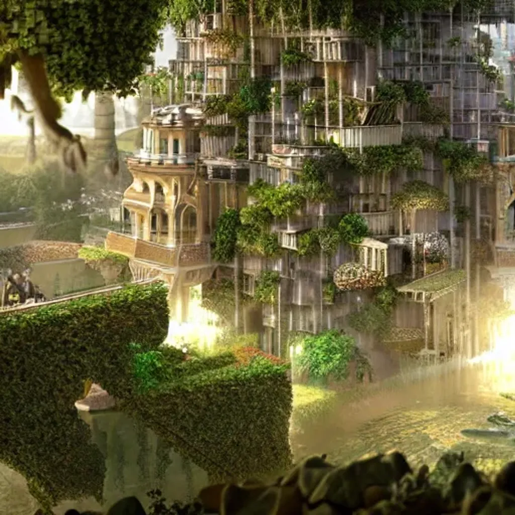 Prompt: hanging gardens, Babylon, space, castle, layered, massive, high detail, 3d, causality breaking