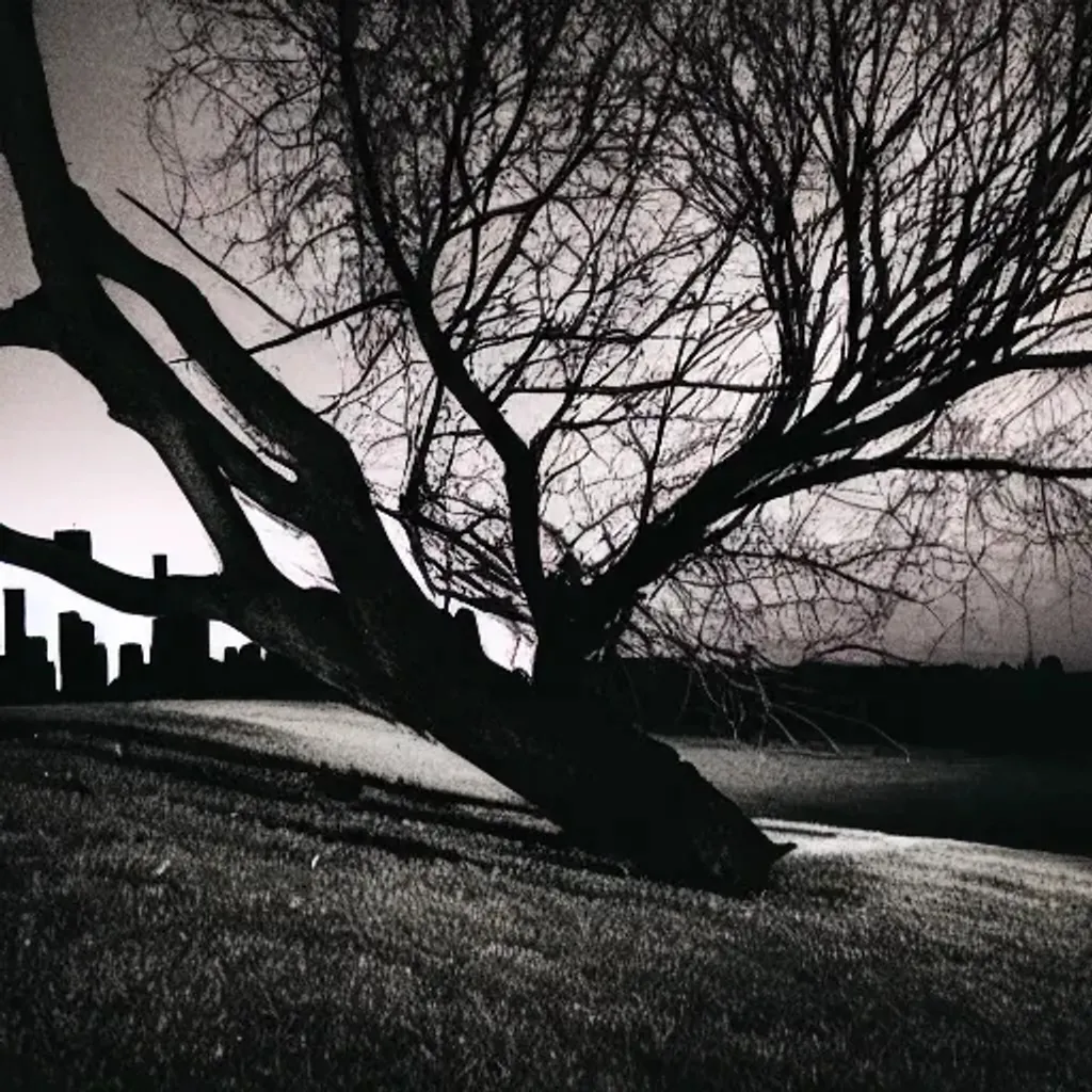 Prompt: dead tree on hill at night, city skyline in background, liminal space, cloudy