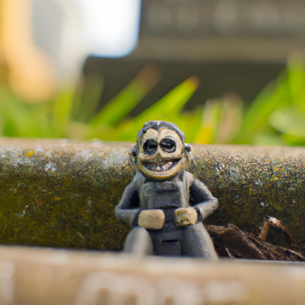 Prompt: Miniature carved frankenstein minion sitting in a graveyard and grinning