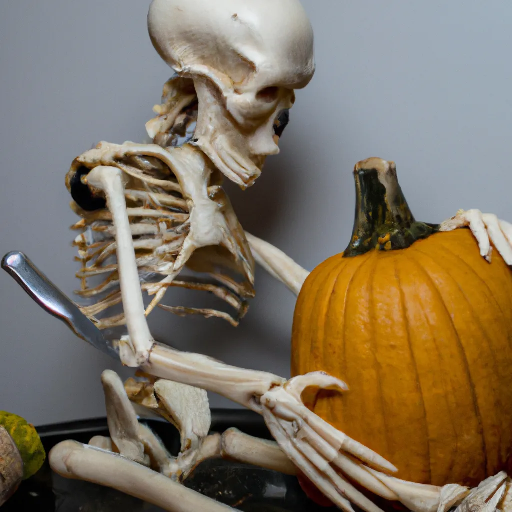 Prompt: A photo of a skeleton carving a pumpkin