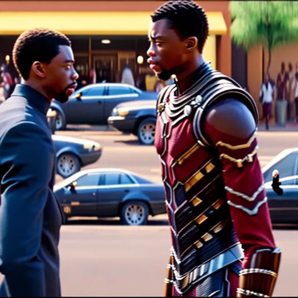 Prompt: King T’challa from Wakanda meets prince Akeem of Zamunda in front of a McDowell’s restaurant, 80mm lens, over the shoulder point of view, photograph, film, video camera, realistic, highly detailed