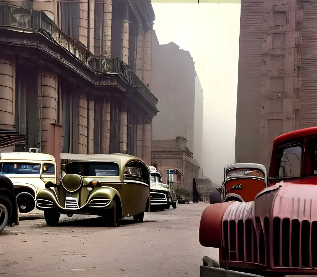 Prompt: autochrome photo of a post-apocalyptic city with the architecture of the 1930s and vehicles of the 1950s and 2050s, gloomy and wanton, desolate