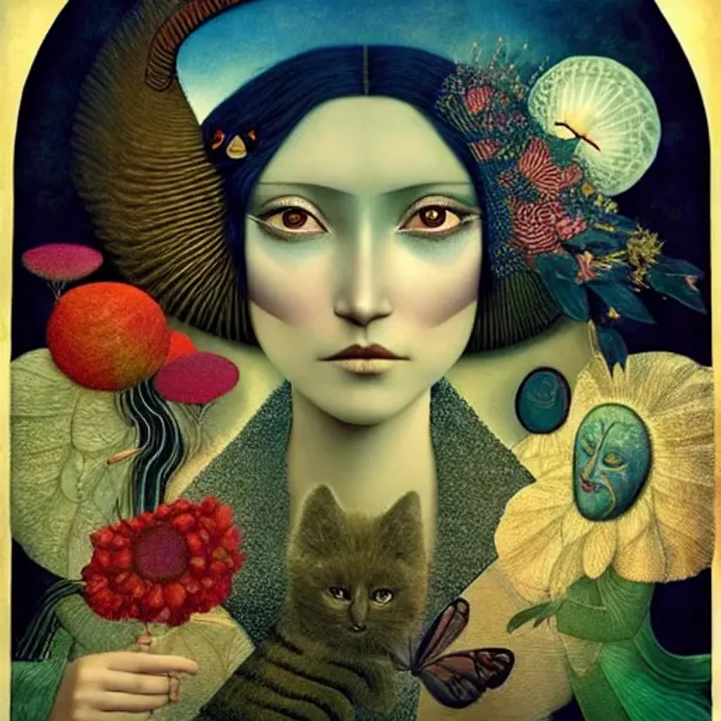 Prompt: Peruvian arpillera Oxana dobrovolska victo ngai henry rousseau Vladimir kush peregrine heathcoate catrin welz-stein Andrea kurti Andrea kowch 