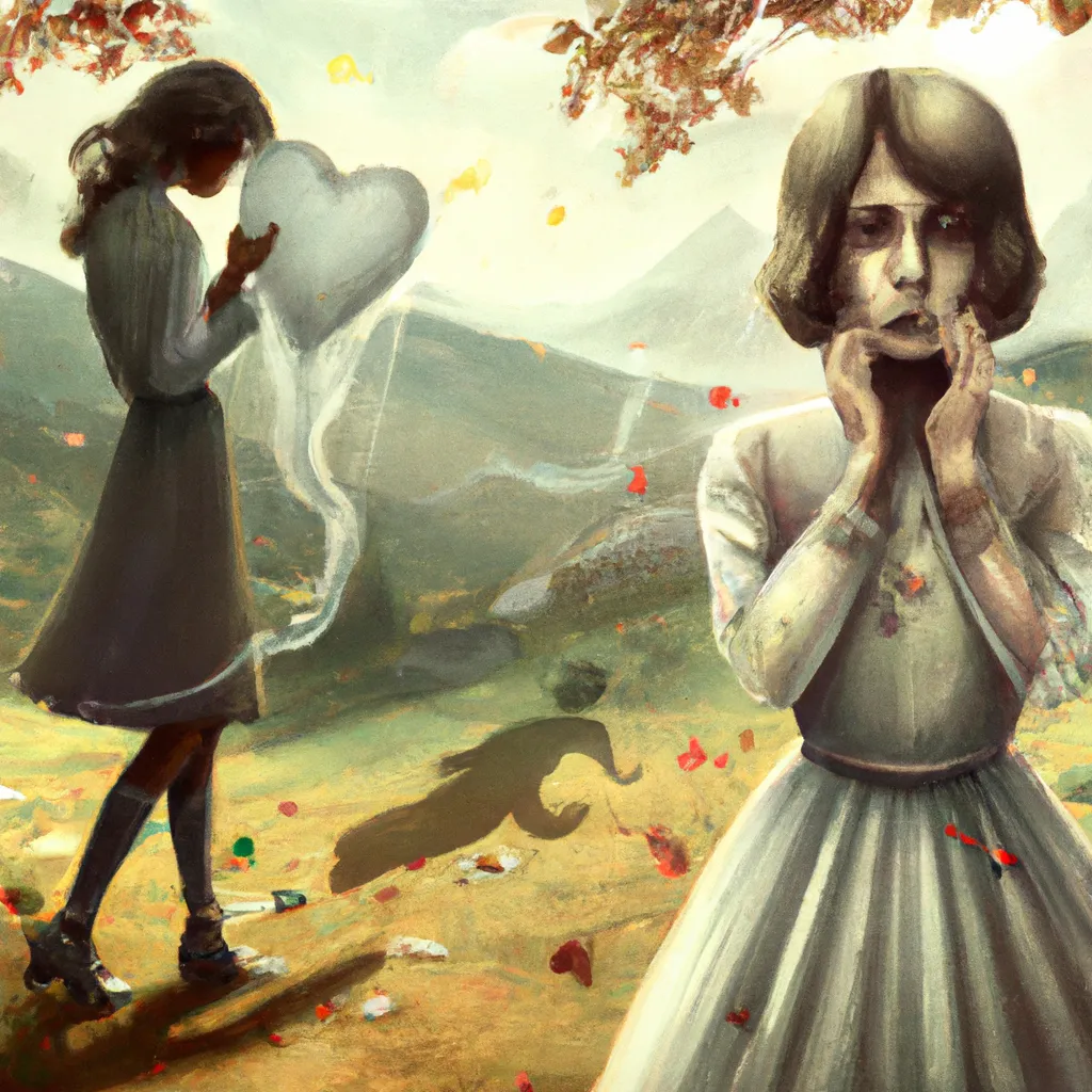 Prompt: Detailed intricate hyper realistic ultra realistic expressive surrealism sharp clear digital airbrush by Anna Dittmann, Tom Bagshaw, Gil Elvgren. Movie still of a Shadow Ghost soul crying in an argument with a friend while holding a broken heart in her hand in a autumn landscape. Ghosts, souls, dreams, spectres, letters, tears, anger, sadness, loneliness 